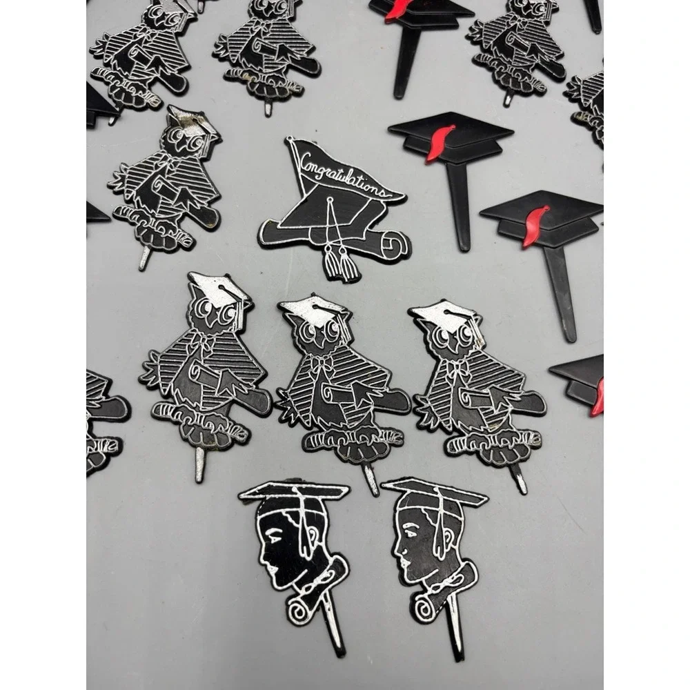 Lot Vintage Graduation Themed Cupcake Picks & Cake Toppers Set‎ Black